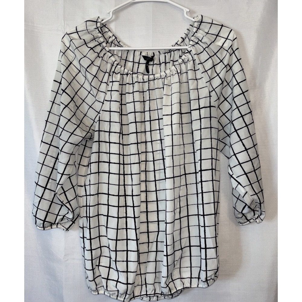 Daisy Fuentes Black & White Plaid Peasant Boho 3/4 Sleeve Elastic‎ Waist Neck M